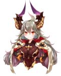  black_gloves blush breasts cleavage closed_mouth eyebrows_visible_through_hair gloves granblue_fantasy grey_hair hands_on_hips highres horns kaerunoko large_breasts long_hair looking_at_viewer red_eyes smile solo thalatha_(granblue_fantasy) 