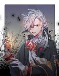  1boy alternate_costume ascot black_cloak cane cloak commentary_request currypang edmond_dantes_(fate/grand_order) fate/grand_order fate_(series) gloves hair_ribbon highres jewelry open_mouth ponytail red_eyes ribbon simple_background symbol-shaped_pupils white_gloves white_hair 
