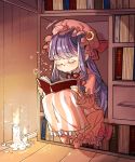  book bookshelf bow candle closed_eyes commentary_request currypang dark dress hat hat_bow highres long_hair mob_cap moon_(ornament) patchouli_knowledge pink_dress purple_hair sitting sleeping sleeping_upright solo touhou very_long_hair 