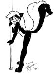  2018 3_toes 4_fingers anthro bent_over breasts driprat eyewear female glasses hi_res looking_at_viewer mammal monochrome nude pole side_boob simple_background skunk smile solo standing stripper_pole tiptoes toes 