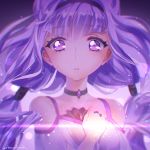 artist_name bare_shoulders black_hairband choker double_bun dress eyebrows_visible_through_hair glowing hairband highres hugtto!_precure long_hair looking_at_viewer low_twintails precure purple_eyes purple_hair ruru_amour solo twintails upper_body urbandusk 
