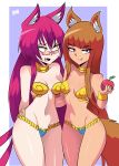  2018 animal_humanoid apple belly_dancer bigdead93 blazblue blush border bracelet breasts brown_hair canine cat cat_humanoid clothed clothing collar crossover eyelashes eyewear feline female female/female food fruit glasses hair hand_on_hip hi_res hip_grab holding_object horo humanoid inner_ear_fluff jewelry kokonoe long_hair mammal medium_breasts navel open_mouth pink_hair red_eyes shantae_(series) simple_background skimpy spice_and_wolf tongue tongue_out video_games white_border wide_hips wolf wolf_humanoid yellow_eyes 