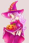  breasts cleavage commentary_request curly_hair dragon_quest dragon_quest_ii dress garter_straps halloween hat kichijou_agata large_breasts long_hair looking_at_viewer open_mouth panties princess princess_of_moonbrook purple_hair skirt skirt_lift solo underwear 