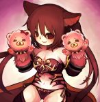  animal_ears armor bad_id bad_pixiv_id bangs bare_shoulders bikini_armor breasts cerberus_(shingeki_no_bahamut) cleavage dog_ears dog_girl empty_eyes gold_trim grin hair_between_eyes hand_puppet hands_up highres large_breasts legs_apart long_hair no_pupils panties puppet red_armor red_eyes red_hair red_panties shadowverse shingeki_no_bahamut side-tie_panties smile solo strapless twintails underwear very_long_hair yukino_super 