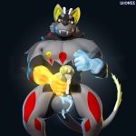  2018 3d_(artwork) anthro balls canine cum demon digital_media_(artwork) elemental erection fur laionss looking_at_viewer mammal nipple_piercing nipple_pinch nipples nude penis piercing pinch simple_background smile solo 