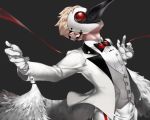  beak blonde_hair caligula_(game) fake_wings formal grey_background haruno14 looking_up male_focus outstretched_arms plague_doctor_mask solo spread_arms stork_(caligula) suit vest wings 
