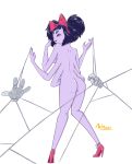  2018 4_fingers anthro arachnid arthropod black_eyes black_hair blush breasts butt caught clothing digital_media_(artwork) fangs female floating_hands footwear grey_skin hair hi_res high_heels laugh looking_at_viewer looking_back minoss monster muffet multi_eye multiarms nude open_mouth pose presenting presenting_hindquarters rear_view shoes short_hair spider spider_web spread_legs spreading standing undertale video_games 