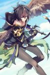  armor brown_hair fingerless_gloves gloves granblue_fantasy hood hood_down makita_(homosapiensu) male_focus pantyhose red_eyes sandalphon_(granblue_fantasy) short_hair smile solo sword weapon wings 