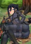  1girl artist_request ass assault_rifle black_hair blue_eyes bodysuit boots breasts bullet facial_mark facial_tattoo grin gun half-closed_eyes long_hair looking_at_viewer lying on_side pitohui_(sao) ponytail rifle shiny shiny_clothes shiny_hair smile solo sword_art_online sword_art_online_alternative:_gun_gale_online tattoo weapon 