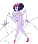  2018 4_fingers anthro arachnid arthropod bikini black_eyes black_hair blush breasts caught clothing digital_media_(artwork) fangs female floating_hands footwear grey_skin hair hi_res high_heels laugh looking_at_viewer looking_back minoss monster muffet multi_eye multiarm open_mouth pose rear_view shoes short_hair spider spider_web spread_legs spreading standing swimsuit under_boob undertale video_games 