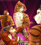  2016 anthro anthro_on_anthro black_stripes brown_eyes brown_fur brown_stripes chest_tuft clothing digital_media_(artwork) disney eyes_closed feline foreskin fur group half-closed_eyes humanoid_penis licking looking_back male male/male mammal oral penis penis_lick precum rear_view red_tongue sex shorts smile stripes tan_fur tiger tiger_dancer_(zootopia) tongue tongue_out tuft xnirox zootopia 