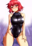  black_swimsuit blush breasts competition_swimsuit d-m_(dii_emu) front_zipper_swimsuit highleg highleg_swimsuit highres horikawa_raiko kneeling large_breasts looking_at_viewer meme_attire one-piece_swimsuit red_eyes red_hair short_hair smile solo swimsuit touhou turtleneck 