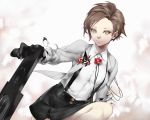  asymmetrical_hair black_skin brown_eyes brown_hair caligula_(game) female_protagonist_(caligula) finger_on_trigger flower gun handgun haruno14 looking_at_viewer school_uniform skirt solo suspender_skirt suspenders torn_clothes weapon 