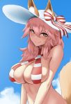  animal_ear_fluff animal_ears bikini blush bow breasts commentary cosplay criss-cross_halter day ears_through_headwear fate/grand_order fate_(series) fox_ears fox_girl fox_tail hair_between_eyes halter_top halterneck hat hat_bow highres large_breasts long_hair looking_at_viewer low_twintails nero_claudius_(fate)_(all) nero_claudius_(swimsuit_caster)_(fate) nero_claudius_(swimsuit_caster)_(fate)_(cosplay) outdoors pink_hair red_bikini roresu sky smile solo striped striped_bikini sun_hat swimsuit tail tamamo_(fate)_(all) tamamo_no_mae_(fate) twintails upper_body vertical_stripes yellow_eyes 