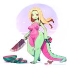  2018 alligator anthro areola avian bird blonde_hair breasts claws crocodilian cyancapsule digital_media_(artwork) featureless_crotch female food fruit hair hi_res holding_food holding_object knife long_hair looking_at_viewer matz melon nipples non-mammal_breasts red_eyes reptile scalie signature slit_pupils toe_claws watermelon 