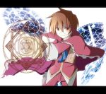  brown_hair commentary_request jacket long_sleeves looking_at_viewer magic_circle male_focus pants puyopuyo red_eyes red_jacket red_pants rento_(rukeai) sleeve_cuffs smile solo strange_klug white_background 