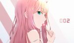  aqua_eyes bare_shoulders candy darling_in_the_franxx eating eyebrows_visible_through_hair food highres holding holding_food horns lollipop long_hair pink_hair profile red_horns solo teataster zero_two_(darling_in_the_franxx) 