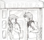  backpack bag black_hair blazer cafe commentary_request graphite_(medium) jacket kuroki_tomoko long_hair monochrome multiple_girls necktie shiratama_(hockey) sketch tamura_yuri traditional_media twintails watashi_ga_motenai_no_wa_dou_kangaetemo_omaera_ga_warui! 