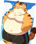  2016 96k-k abstract_background akimbo barazoku blush boxer_briefs clothing feline kemono mammal obese outside overweight solo standing tiger underwear 