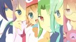  4boys amitie_(puyopuyo) aqua_eyes aqua_hair black_hair blue_eyes blue_shirt blush bow brown_hair clock clock_hands commentary_request dress ekoro_(puyopuyo) feli_(puyopuyo) green_hair grey_eyes heart heart-shaped_pupils long_sleeves looking_at_viewer multiple_boys multiple_girls open_mouth orange_bow pink_dress purple_hair puyopuyo red_eyes rento_(rukeai) satan_(puyopuyo) shirt sig_(puyopuyo) smile strange_klug symbol-shaped_pupils 