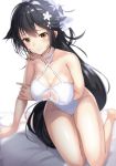  absurdres alternate_costume arm_across_waist arm_support azur_lane bangs bare_arms bare_legs black_hair blush bow breasts brown_eyes casual_one-piece_swimsuit cleavage closed_mouth collarbone commentary_request groin hair_between_eyes hair_bow hand_on_own_arm highres large_breasts long_hair looking_at_viewer noboriya one-piece_swimsuit ponytail sidelocks sitting solo swimsuit takao_(azur_lane) thighs very_long_hair white_bow white_swimsuit 