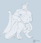  animal_genitalia anthro balls dragon half-erect horn male monochrome musclegut muscular muscular_male nude pecs penis sheath smile solo standing tenaflux vein wings 