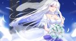  azur_lane blush bouquet breasts bridal_veil choker cleavage collarbone commentary_request dress enterprise_(azur_lane) eternity_(pixiv8012826) feathers flower large_breasts long_hair looking_at_viewer one_eye_closed open_mouth purple_eyes silver_hair smile solo strapless strapless_dress tears veil wedding_dress white_dress 