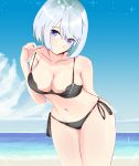  absurdres beach bikini black_bikini blue_eyes blue_hair breasts cleavage collarbone day eyebrows_visible_through_hair hamakaze_(kantai_collection) harmhaunters highres kantai_collection large_breasts looking_at_viewer navel short_hair side-tie_bikini solo standing swimsuit thighs 