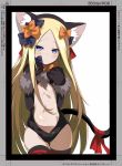  abigail_williams_(fate/grand_order) animal_ears black_gloves black_legwear black_leotard blonde_hair blue_eyes bow cat_ears cat_tail center_opening commentary_request cosplay cowboy_shot elbow_gloves fake_animal_ears fate/grand_order fate/kaleid_liner_prisma_illya fate_(series) gloves hair_bow hands_on_own_chest highres illyasviel_von_einzbern illyasviel_von_einzbern_(cosplay) leotard long_hair paw_gloves paws ribbon shimejinameko solo tail thighhighs very_long_hair 