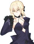  artoria_pendragon_(all) black_choker black_dress black_ribbon blonde_hair breasts choker cleavage collarbone commentary_request dress fate/grand_order fate_(series) frills gothic_lolita hair_between_eyes hair_ribbon hand_on_own_chest hand_up juliet_sleeves lolita_fashion long_sleeves looking_at_viewer medium_breasts piro_(iiiiiiiiii) puffy_sleeves ribbon saber_alter short_hair simple_background smile upper_body white_background wide_sleeves yellow_eyes 