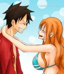  1boy 1girl black_eyes black_hair blush couple crying hat monkey_d_luffy nami_(one_piece) one_piece orange_hair pirate short_hair smile straw_hat_pirates tattoo 