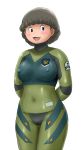 :d arms_behind_back black_eyes blush bodysuit breasts brown_hair cameltoe covered_navel covered_nipples cowboy_shot hisone_to_masotan hitomi_mayumi large_breasts looking_at_viewer military military_uniform open_mouth orca09 pilot_suit short_hair smile solo standing uniform 