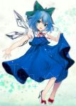  :d absurdres adapted_costume bare_arms blue_dress blue_hair bow cirno commentary daimaou_ruaeru dress english_commentary eyebrows_visible_through_hair full_body green_bow hair_between_eyes hair_bow head_tilt high_heels highres ice ice_wings lifted_by_self looking_at_viewer neck_ribbon open_mouth red_bow red_neckwear red_ribbon ribbon short_hair skirt_hold smile solo sparkle touhou white_background white_footwear wing_collar wings 