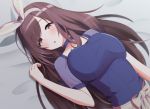  bangs blue_bow blurry blush bow breasts brown_eyes brown_hair chestnut_mouth choker commentary_request depth_of_field eyebrows_visible_through_hair hair_bow idolmaster idolmaster_shiny_colors kuroshiro_(ms-2420) large_breasts long_hair looking_at_viewer lying on_back ponytail solo tsukioka_kogane upper_body 