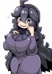  1girl @_@ ahoge al_bhed_eyes dress female flying_sweatdrops headband hex_maniac_(pokemon) highres large_breasts long_hair long_sleeves npc npc_trainer pokemon pokemon_(game) pokemon_xy purple_dress purple_eyes purple_hair smile solo tazonotanbo turtleneck turtleneck_dress white_background 