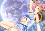  bandaged_arm bandaged_leg bandages bikini blue_bikini blue_eyes breasts cleavage dahadekan detached_sleeves double_bun electricity fang fate/grand_order fate_(series) frankenstein's_monster_(fate) frankenstein's_monster_(swimsuit_saber)_(fate) full_moon hair_ornament hair_over_one_eye hairclip horn looking_at_viewer moon pink_hair short_hair solo swimsuit 