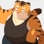  2016 96k-k barazoku blush chest_tuft clothing feline kemono mammal obese overweight shirt simple_background solo standing tank_top tiger tuft white_background 
