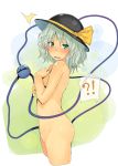  /\/\/\ 1girl blush breasts commentary covering covering_breasts cowboy_shot cropped_legs embarrassed eyebrows_visible_through_hair from_side green_eyes green_hair hat hat_ribbon komeiji_koishi kuaru_(okamokomon) medium_hair nude ribbon small_breasts solo sweat tears third_eye touhou 