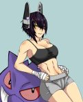  1girl abs athletic bandage boxing breasts cleavage eyepatch fit gengar grin kantai_collection large_breasts muscle pokemon purple_hair short_hair shorts sport tank_top tenryuu_(kantai_collection) toned 
