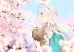  anastasia_(fate/grand_order) blue_cloak blue_eyes blush brown_hairband cherry_blossoms commentary_request doll fate/grand_order fate_(series) fur-trimmed_cloak hairband highres holding holding_doll kumonon_(8f2k3) long_hair petals royal_robe silver_hair solo 