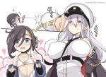  age_regression ark_royal_(azur_lane) azur_lane black_hair blue_eyes bounce breasts comic commentary enterprise_(azur_lane) flat_chest hat jacket large_breasts long_hair military_hat multiple_girls parody phandit_thirathon recoil short_hair silver_hair twitter_username younger 