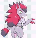  anthro anus balls belt blue-rum butt claws clothing fangs fluffy_hair interspecies knot looking_back male mammal nintendo nude paint_can penis pok&eacute;mon pok&eacute;mon_(species) rear_view shirt solo stains vein video_games zoroark 