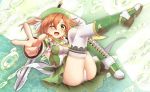  aloe_(flower_knight_girl) ass blush breasts brown_hair flower_knight_girl green_eyes hat looking_at_viewer mizunashi_(second_run) one_eye_closed outstretched_arm panties short_hair sword thighhighs underwear weapon 
