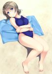  absurdres bare_shoulders barefoot blue_eyes blue_swimsuit blue_towel competition_swimsuit covered_navel crossed_arms feet full_body grey_hair highres hino_minato_(spec.c) looking_at_viewer love_live! love_live!_sunshine!! lying one-piece_swimsuit sand short_hair solo swimsuit towel watanabe_you 