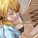  bangs black_bra blonde_hair blue_shirt bra breasts bula cleavage closed_eyes ellen_baker eyebrows_visible_through_hair hair_ornament long_hair medium_breasts new_horizon open_clothes open_shirt shirt solo underwear undressing 