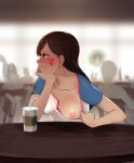  blue_shirt blurry blurry_background blush breasts brown_eyes brown_hair casual chin_rest collarbone commentary cup d.va_(overwatch) drinking_straw exhibitionism faceless facepaint facial_mark highres indoors long_hair looking_away looking_to_the_side medium_breasts nipples one_breast_out oppai_challenge overwatch pov_across_table public public_nudity sanuki_(kyoudashya) shirt shirt_tug short_sleeves sitting solo_focus sweat t-shirt table upper_body whisker_markings white_shirt 