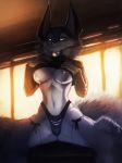  anthro azure_(dredjir) breasts canine clothed clothing clothing_lift collar female general-irrelevant hand_on_breast looking_at_viewer mammal nipples panties partially_clothed shirt shirt_lift smile solo underwear wolf 