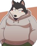  2018 96k-k abstract_background barazoku blush canine clothing facing_viewer hoodie kemono mammal obese overweight solo standing wolf 