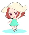  :d blush brown_eyes brown_hair chibi commentary do_m_kaeru hat okumura_haru open_mouth persona persona_5 sandals short_hair smile solo sun_hat swimsuit twitter_username 
