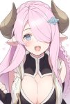  breasts cleavage cleavage_cutout commentary_request draph granblue_fantasy hair_over_one_eye horns lavender_hair long_hair narmaya_(granblue_fantasy) open_mouth pointy_ears tokki upper_body 